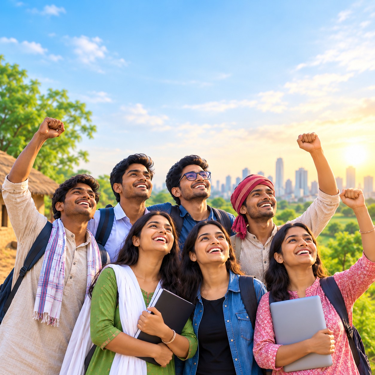 A group of young people smiling and looking up together, full of positivity